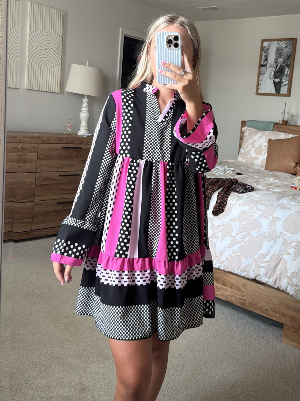 SHEIN Black & Hot Pink Mixed Polka Dot Tiered Smock Dress